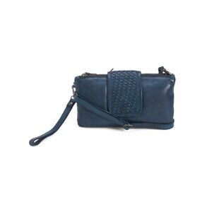 RIVIT Navy Leather Triple Compartment Woven Flap Crossbody